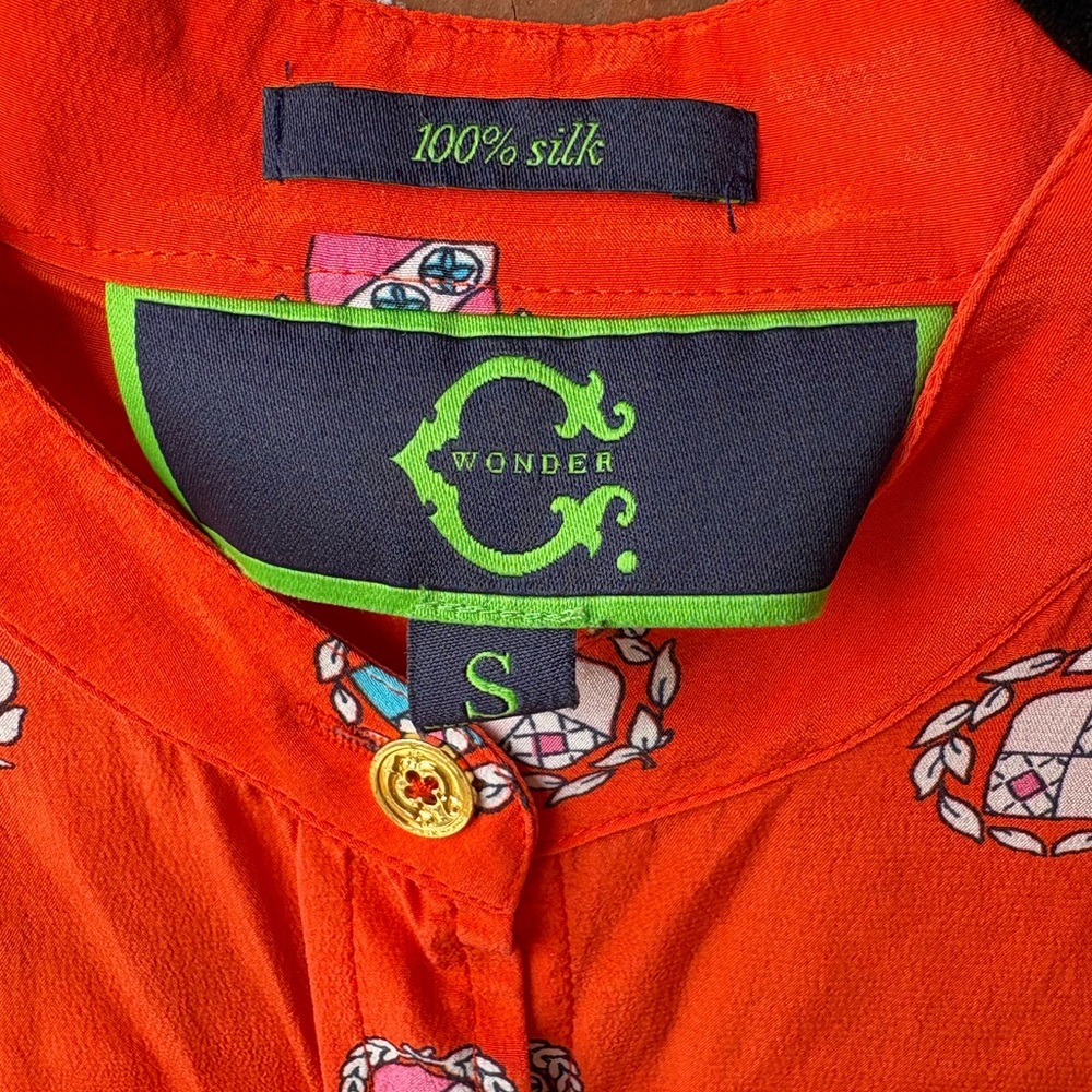 C. Wonder 100% Silk Orange Red Crest Blouse Size Small - Picture 3 of 11